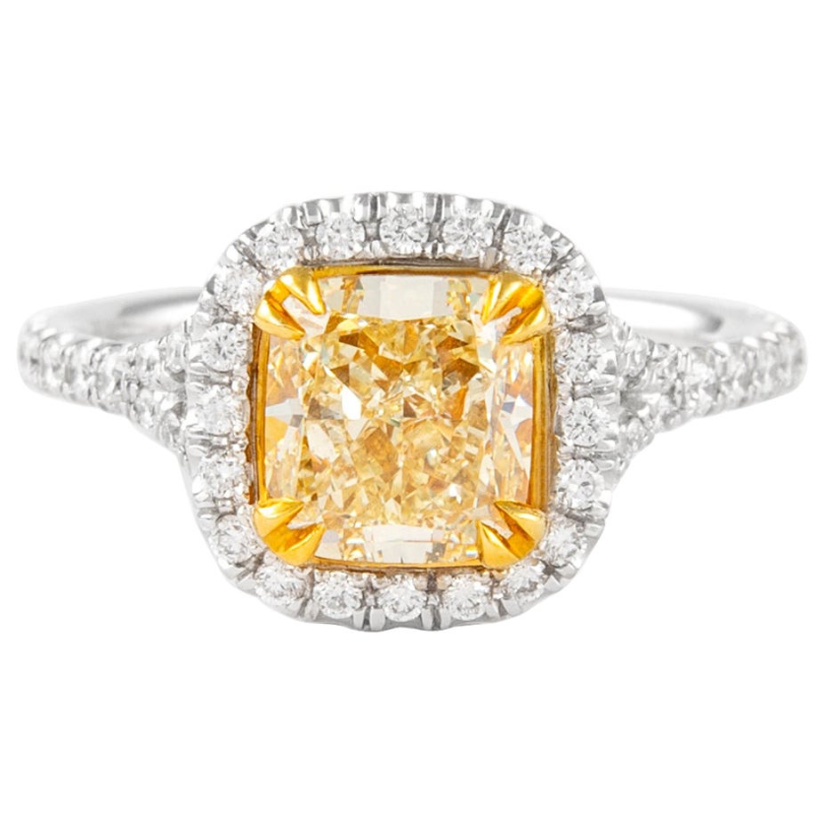 Alexander 2.07ct Fancy Intense Yellow VS1 Cushion Diamond with Halo Ring 18k For Sale