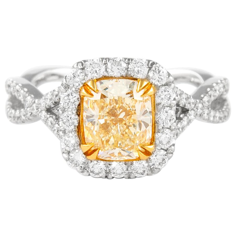 Alexander 1.75ctt Fancy Light Yellow Cushion Diamond with Halo Ring 18k Two Tone For Sale
