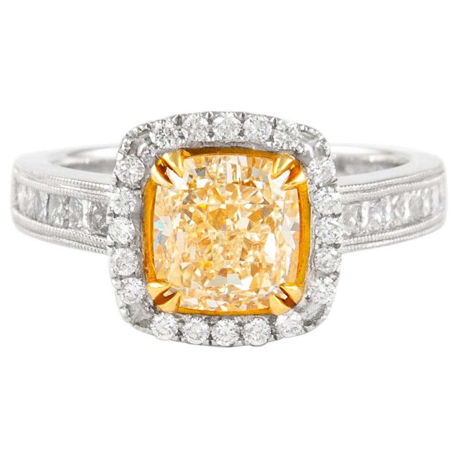 Alexander 2.03ct Fancy Intense Yellow Cushion Diamond with Halo Ring 18k For Sale