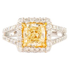 Alexander, bague bicolore 18 carats avec diamant jaune coussin fantaisie de 2,72 carats et halo