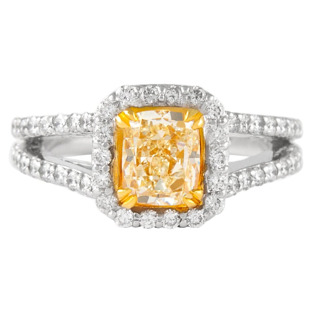 Alexander 2.08ctt Fancy Yellow Cushion Diamond with Halo Ring 18k Two Tone For Sale