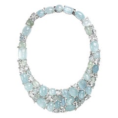 Aquamarine and Diamond Cluster Necklace