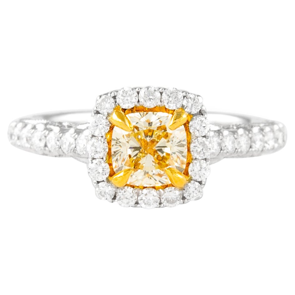 Alexander 1.01ct Fancy Intense Yellow Cushion Diamond with Halo Ring 18k For Sale