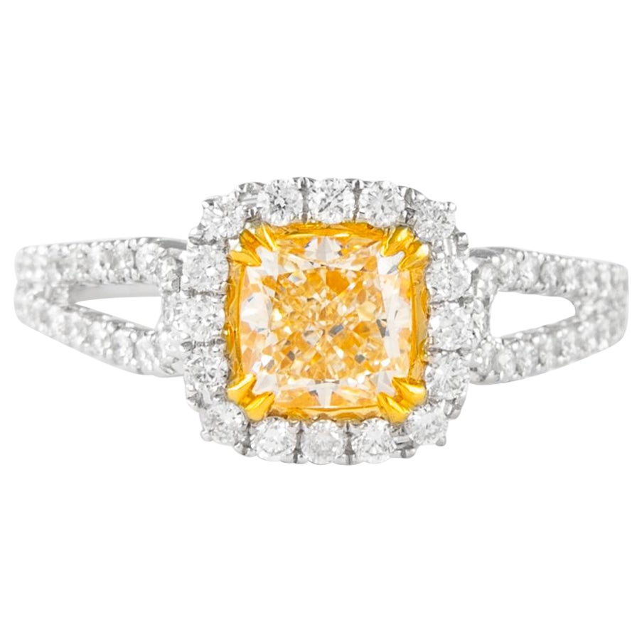 Alexander 1.48ctt Fancy Yellow VS1 Cushion Diamond with Halo Ring 18k Two Tone For Sale