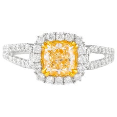 Alexander 1.48ctt Fancy Yellow VS1 Cushion Diamond with Halo Ring 18k Two Tone