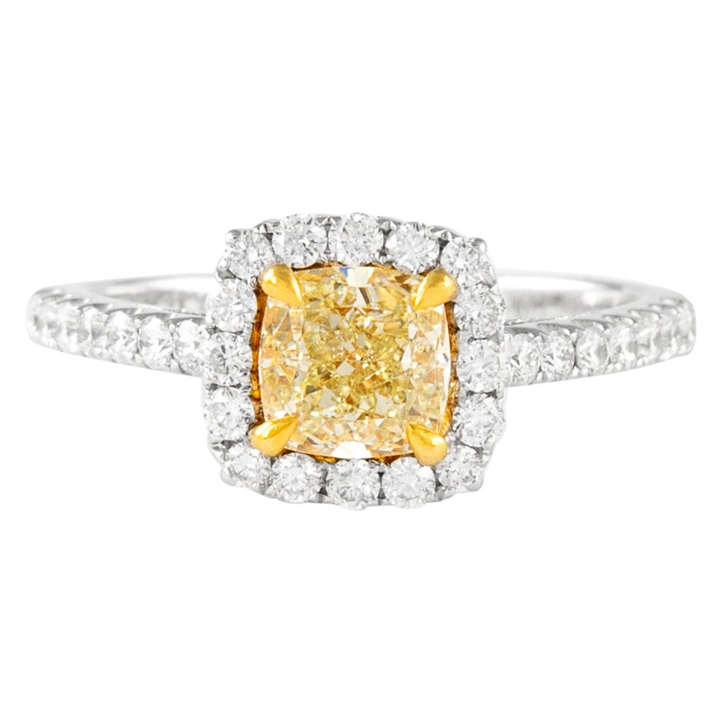 Alexander EGL 1.03ct Fancy Vivid Yellow Cushion Diamond with Halo Ring 18k For Sale