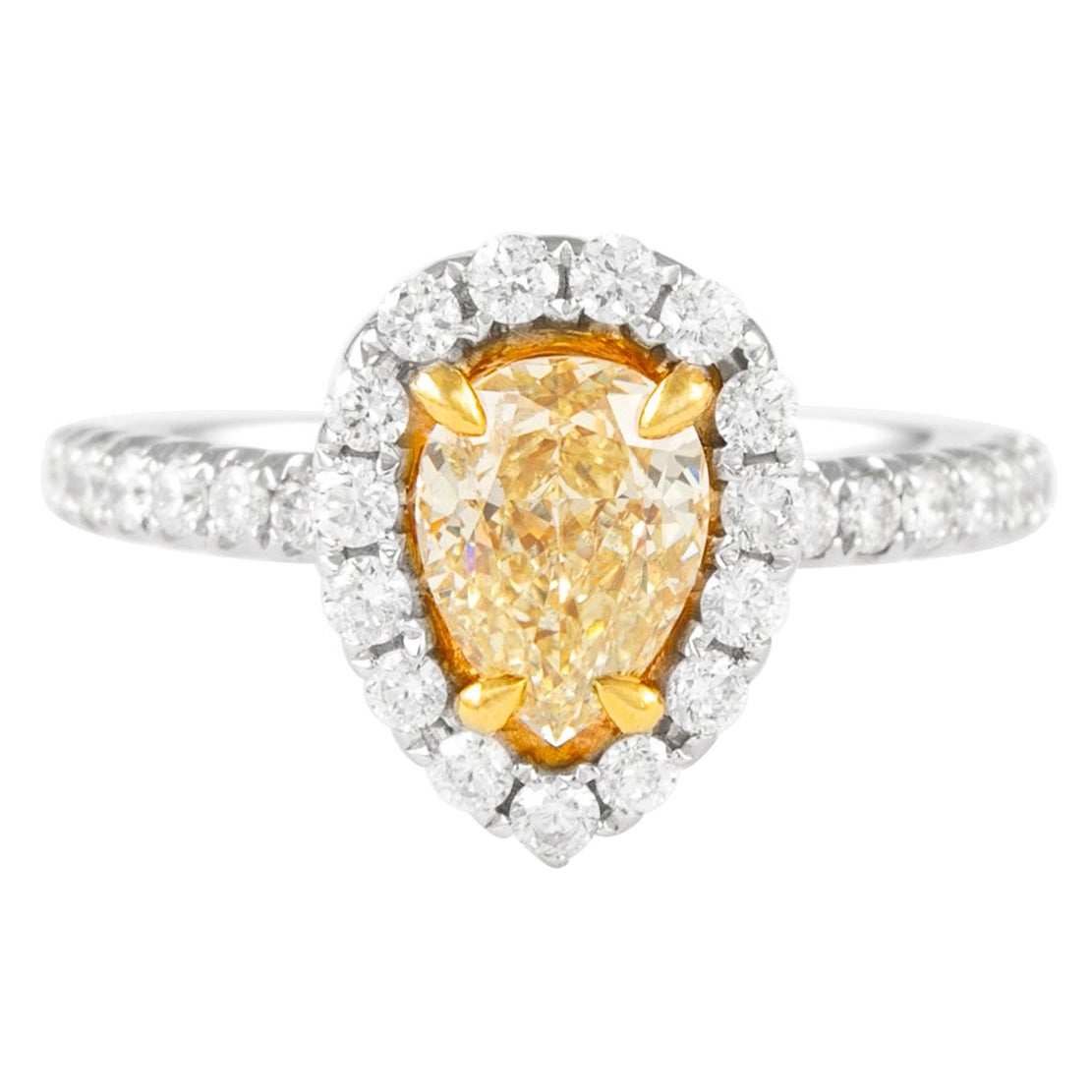 Alexander 1.08ct Fancy Intense Yellow Pear Diamond with Halo Ring 18k For Sale