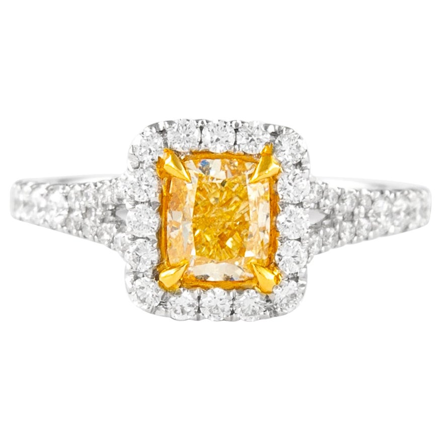 Alexander 1.00ct Fancy Intense Yellow Pear Diamond with Halo Ring 18k For Sale