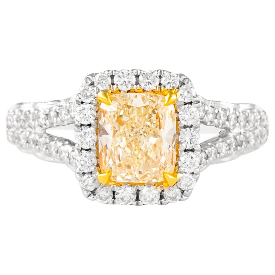 Alexander 1.61ctt Fancy Light Yellow Cushion Diamond with Halo Ring 18k Two Tone For Sale