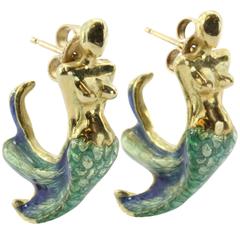 Vintage Custom Blue & Green Enamel Gold Figural Mermaid Earrings
