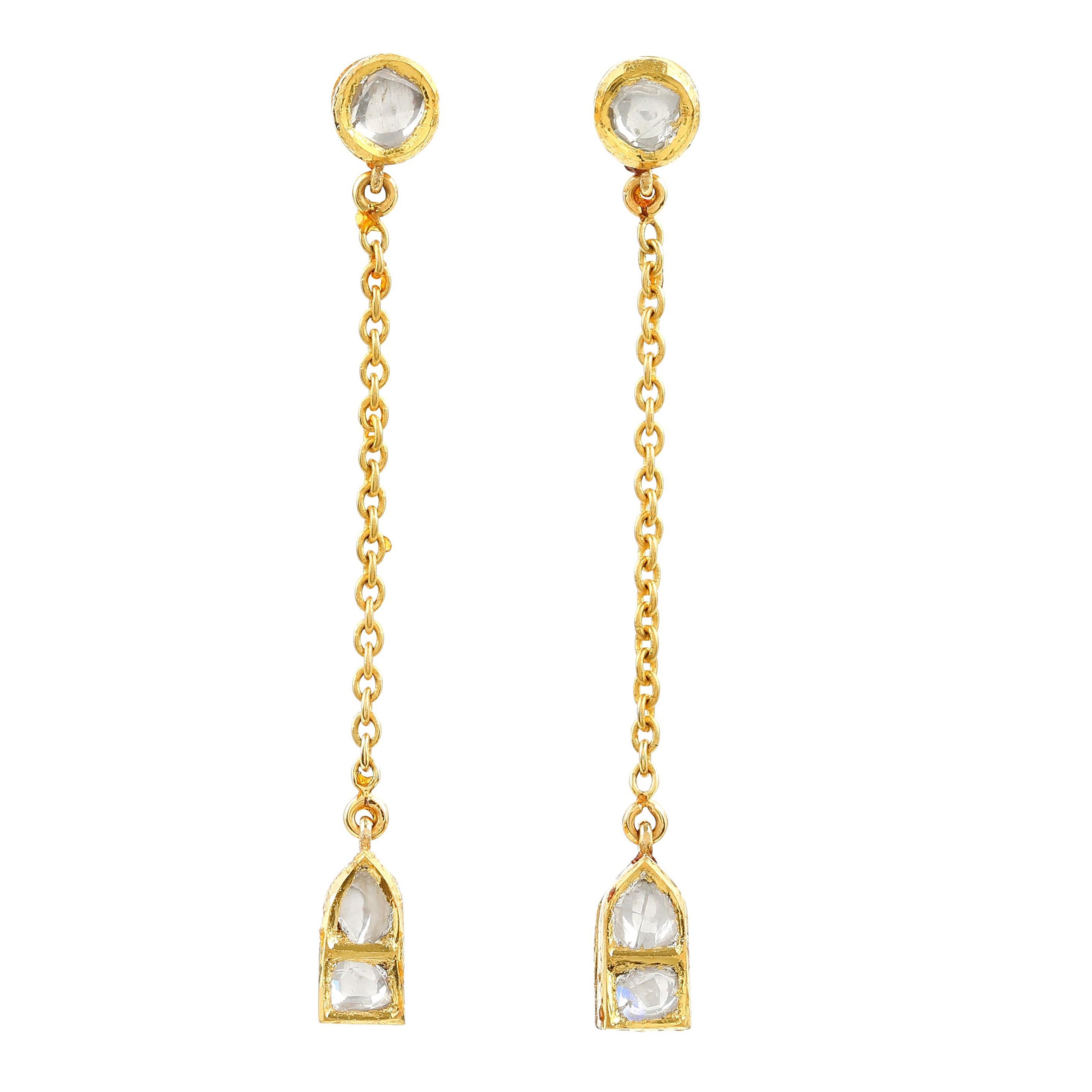 18 Karat Yellow Gold Tie Drop Earrings with Uncut Diamonds For Sale