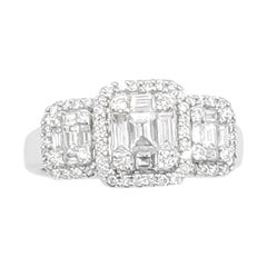 Three-Stone Illusion Set Emerald Cut Diamond Halo 18K White Gold Ring