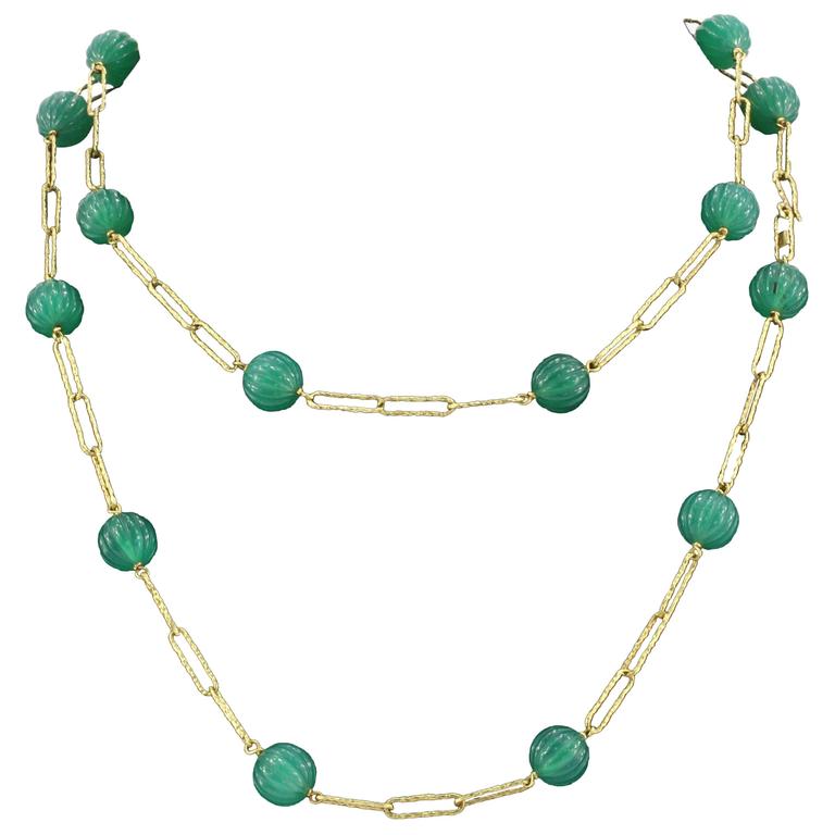 Mid Century Spanish Green Chalcedony Bead Gold Necklace at 1stDibs