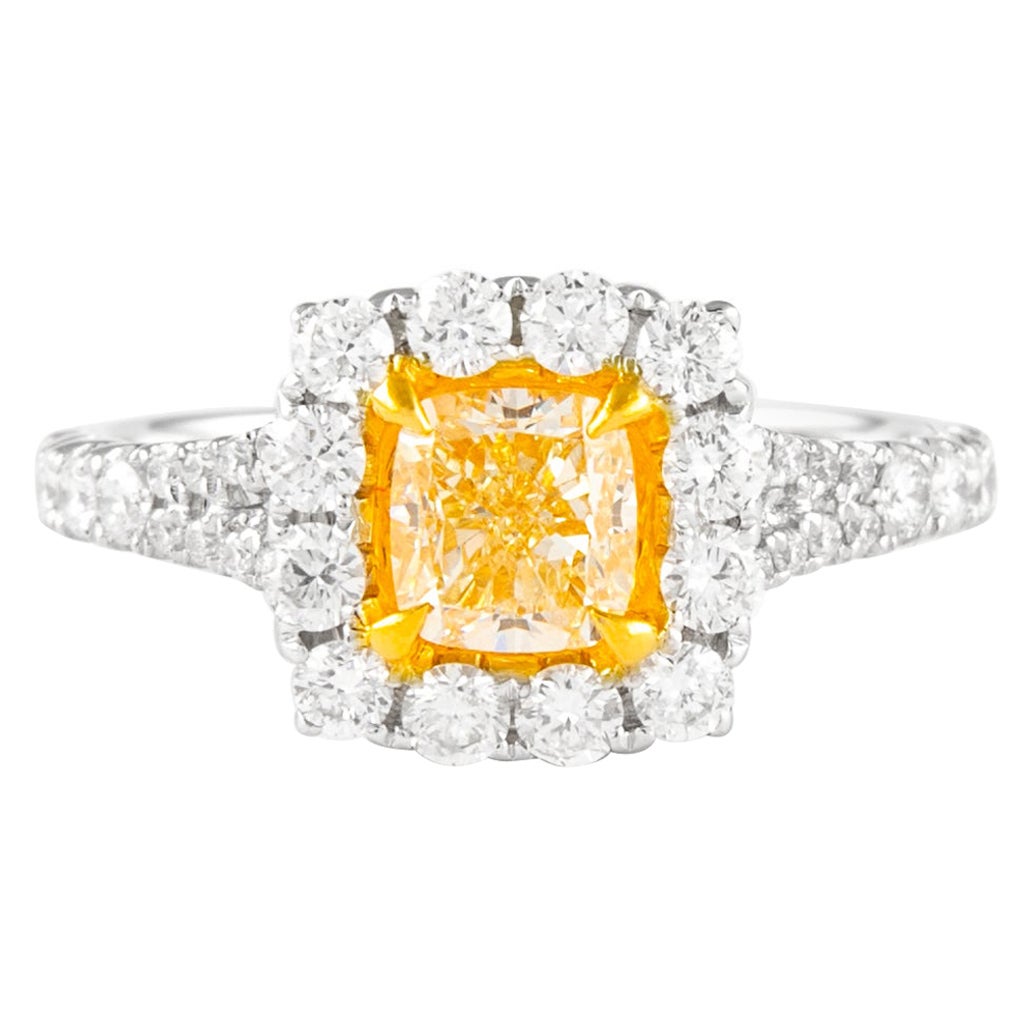 Alexander 1.01ct Fancy Intense Yellow VS1 Cushion Diamond with Halo Ring 18k For Sale