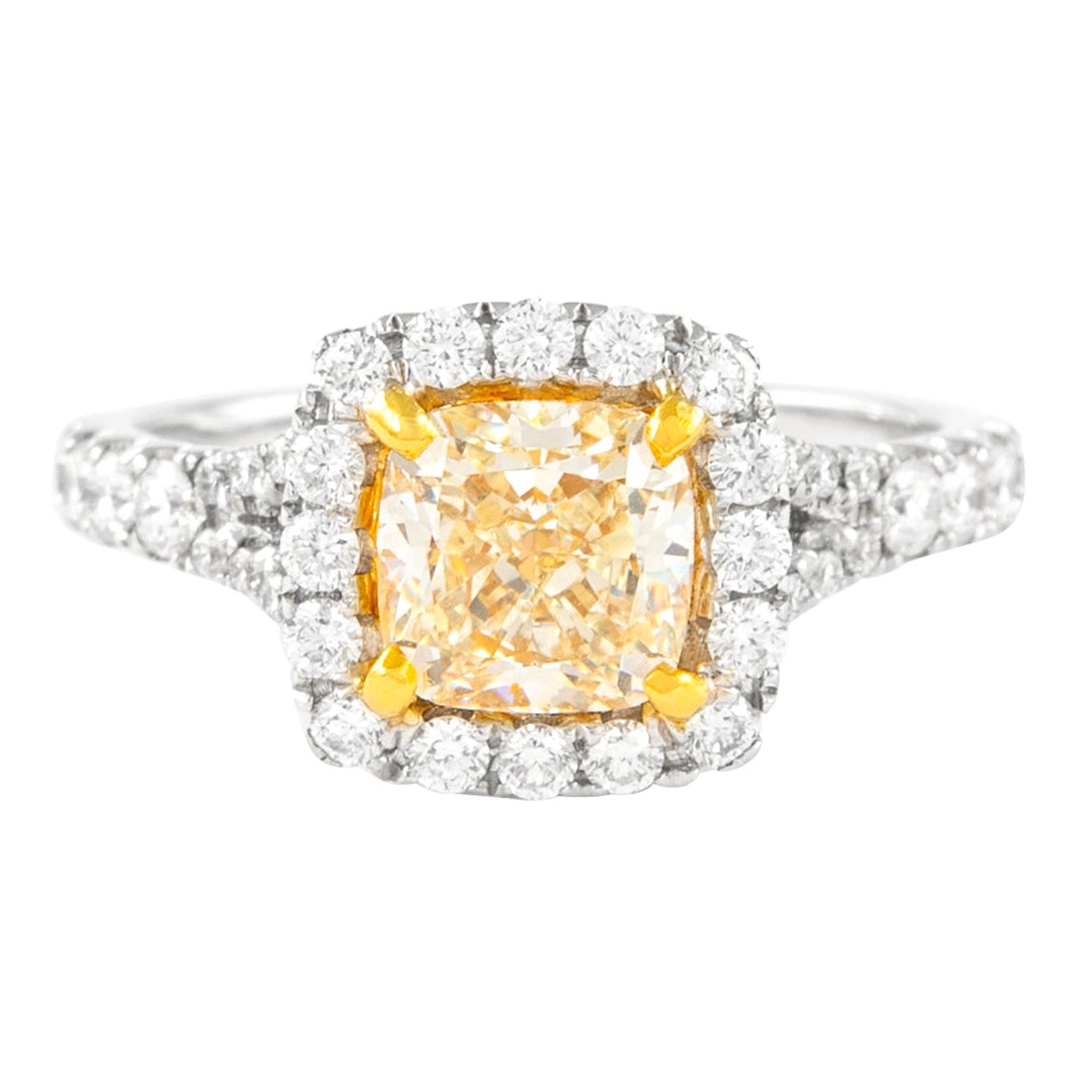 Alexander 2.16ctt Fancy Light Yellow Cushion Diamond with Halo Ring 18k Two Tone For Sale