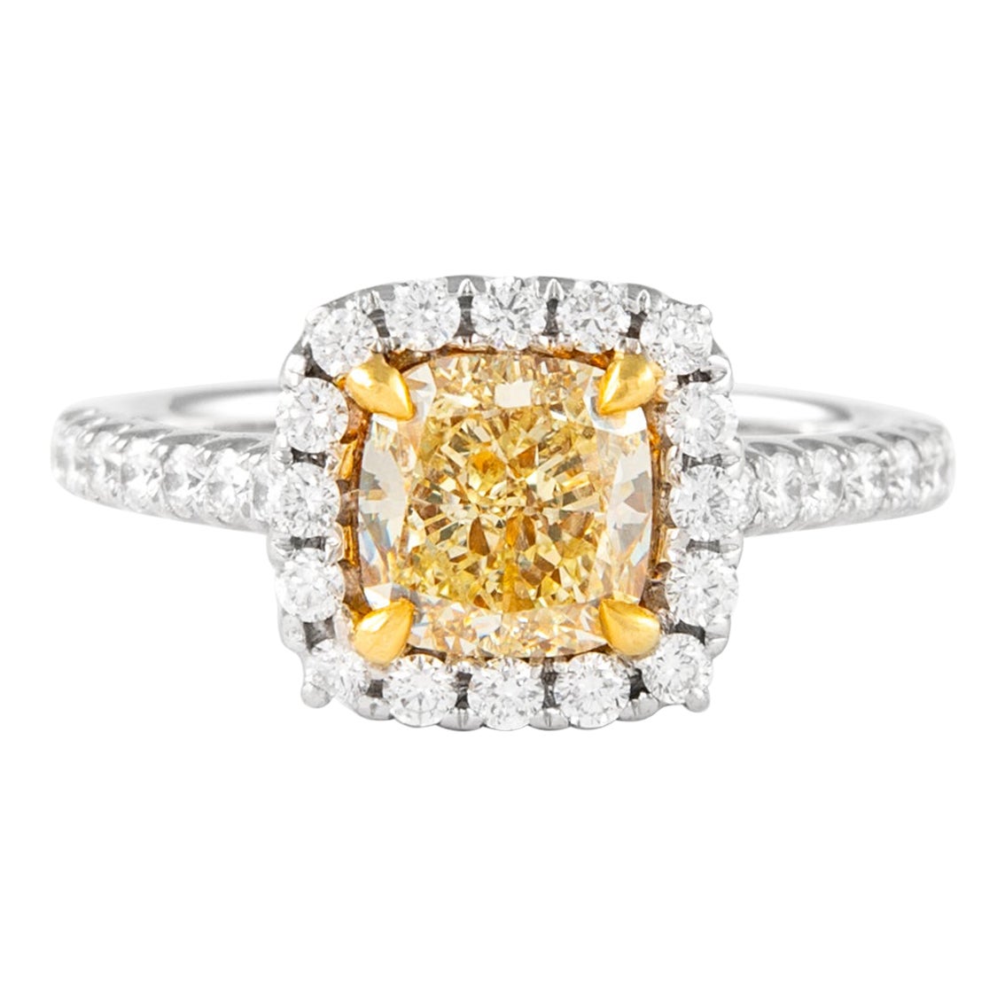 Alexander 2.31ctt Fancy Yellow VS1 Cushion Diamond with Halo Ring 18k Two Tone For Sale