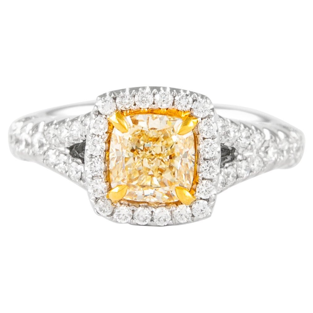 Alexander 1.76ctt Fancy Yellow VVS2 Cushion Diamond with Halo Ring 18k Two Tone For Sale