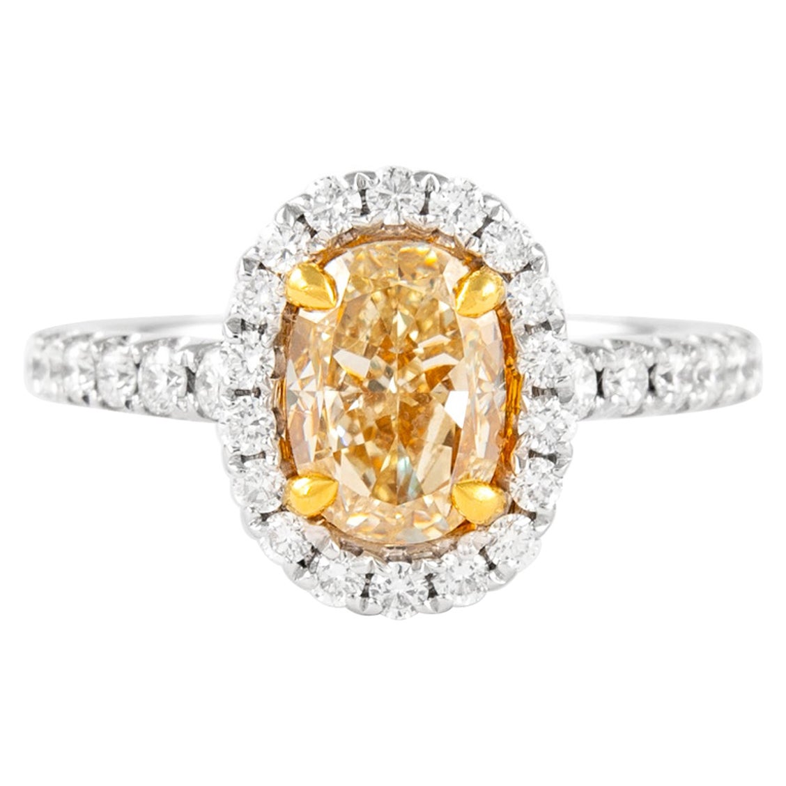 Alexander 2.66ctt Fancy Yellow Oval Diamond with Halo Ring 18k Two Tone For Sale