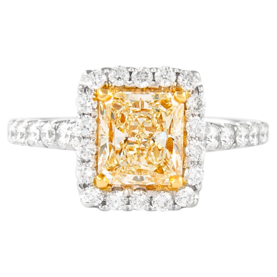Alexander 2.21ctt Fancy Yellow VS1 Cushion Diamond with Halo Ring 18k Two Tone For Sale