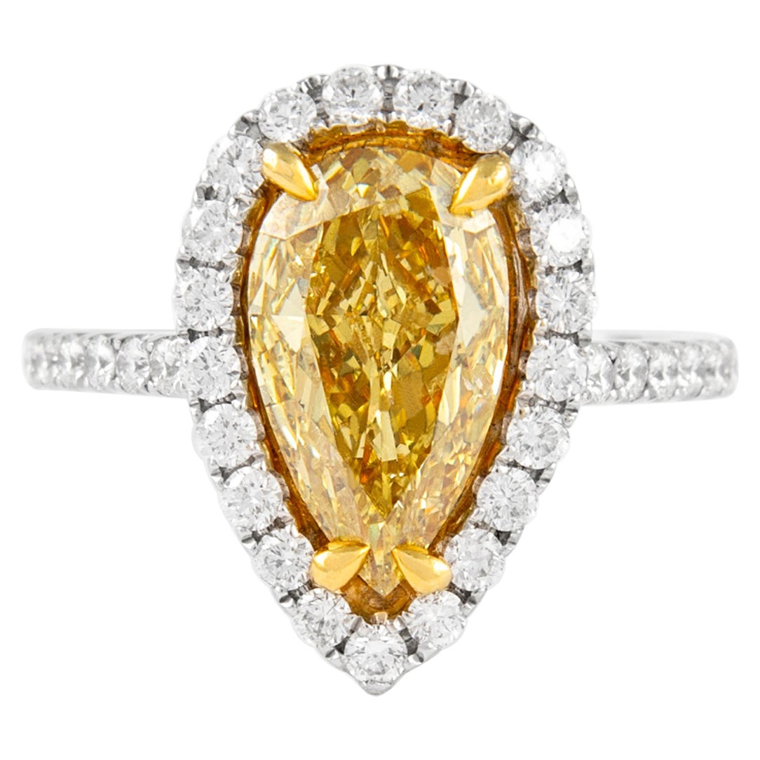 Alexander EGL 2.25ct Fancy Vivid Yellow Pear Diamond with Halo Ring 18k