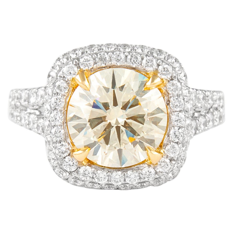 Alexander 3.77ctt Light Yellow Round Diamond with Halo Ring 18k Two Tone For Sale