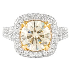 Alexander 3,77 Karat Hellgelber runder Diamant mit Halo-Ring 18k Zweifarbiger Diamant