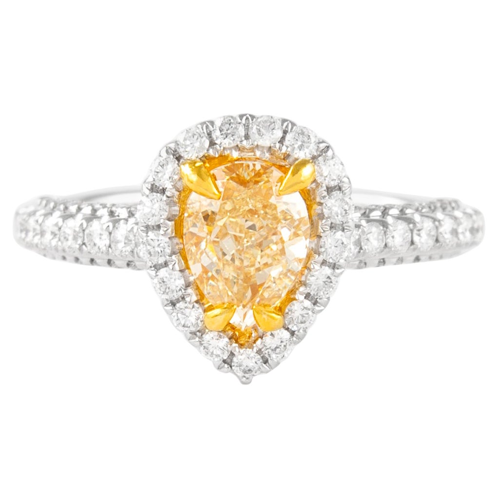 Alexander 1.01ct Fancy Intense Yellow Pear Diamond with Halo Ring 18k For Sale