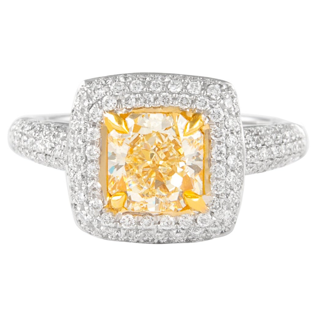 Alexander 1.51ct Fancy Intense Yellow VS2 Radiant Diamond with Halo Ring 18k For Sale