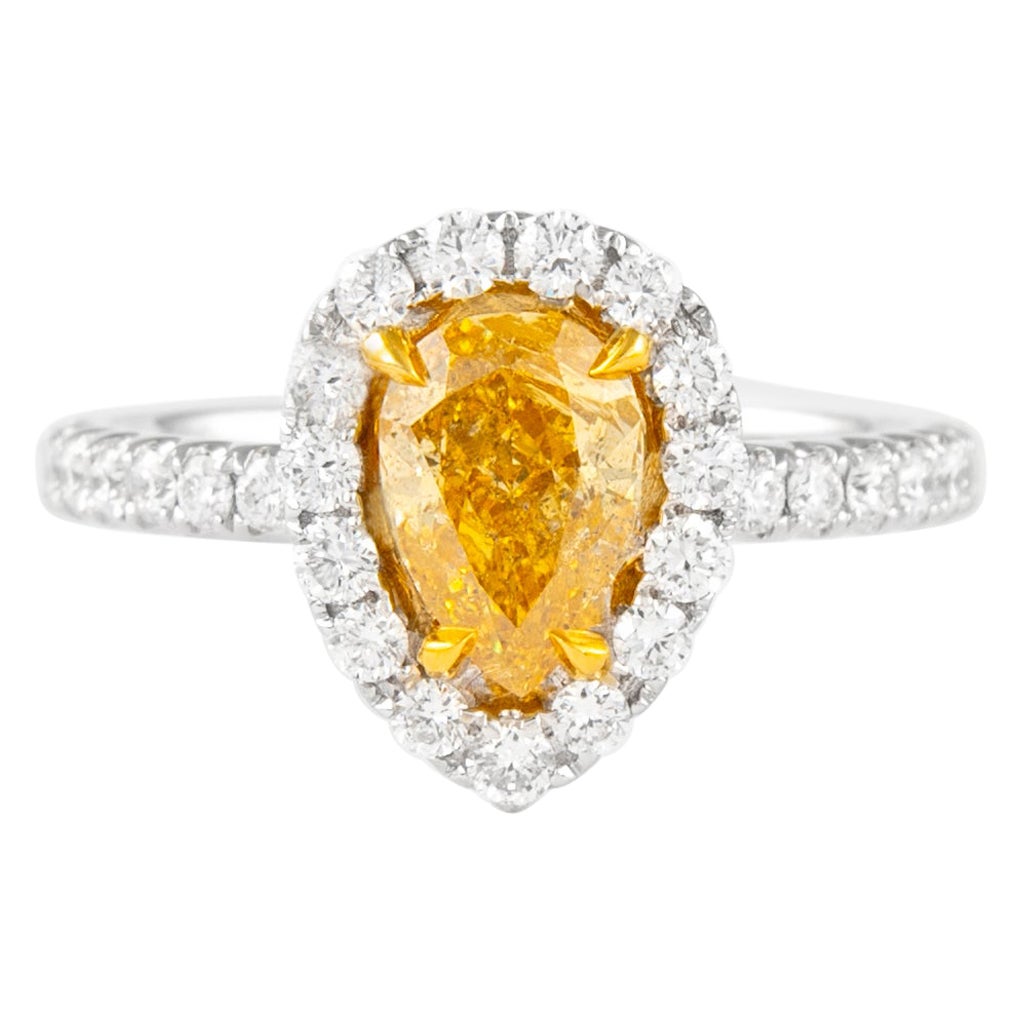 Alexander GIA 1.03ct Fancy Intense Orange-Yellow Pear Diamond with Halo Ring 18k For Sale