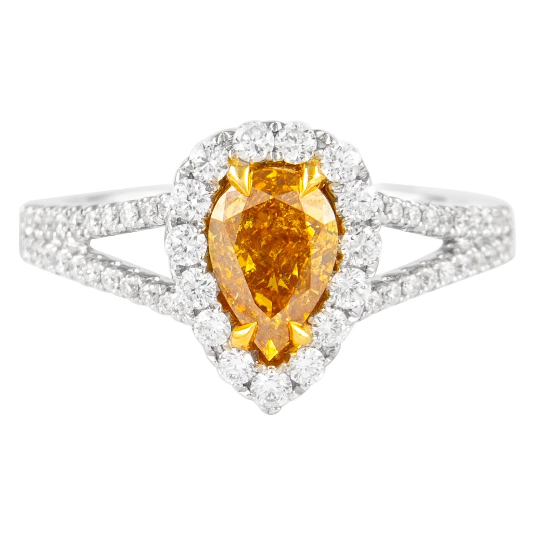 Alexander GIA 1.05ct Fancy Deep Orange-Yellow Pear Diamond with Halo Ring 18k For Sale