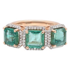 Three Stone Emerald Diamond Ring in 14K Rose Gold