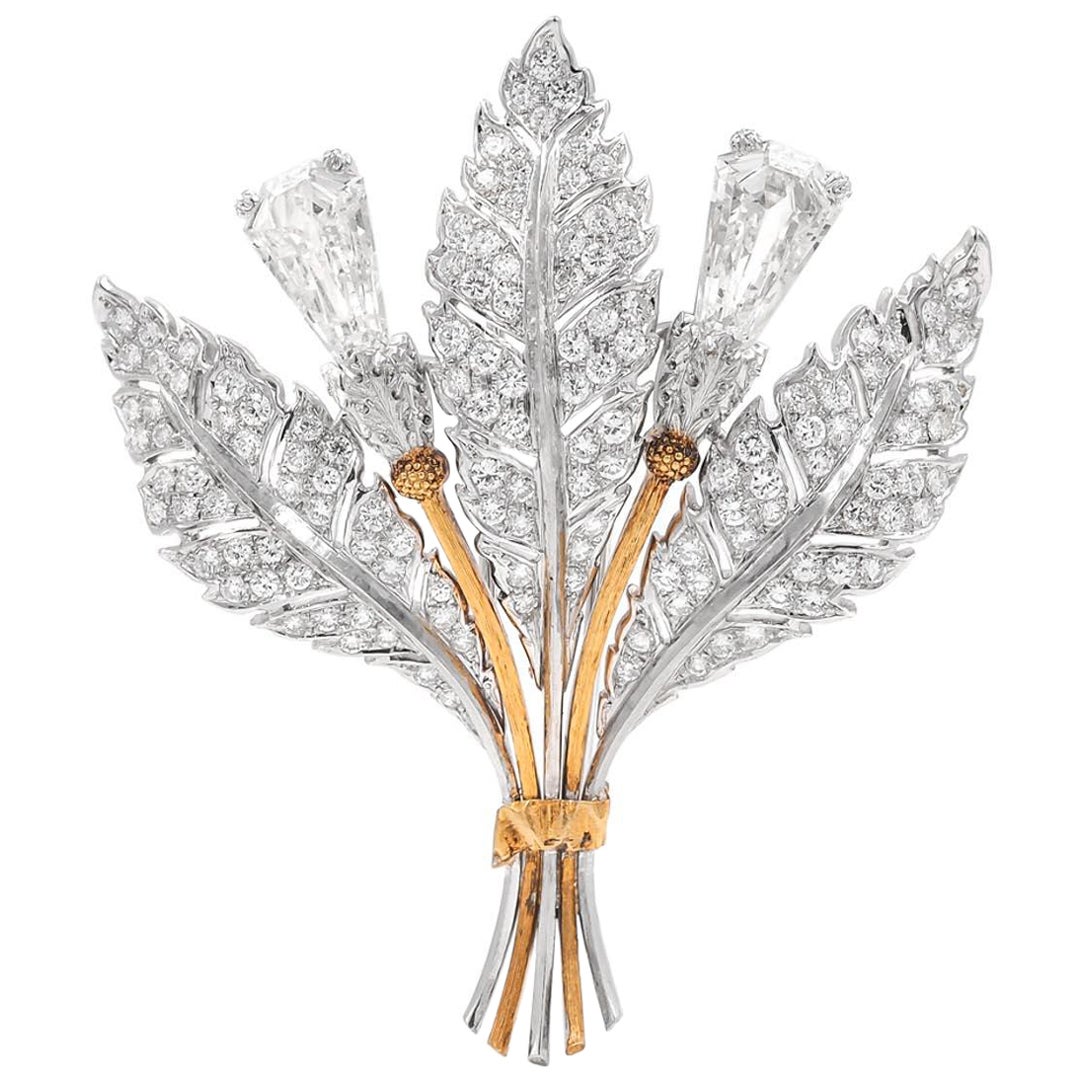 Vintage Shield Cut Diamond Floral-Motif Brooch by Mario Buccellati For Sale