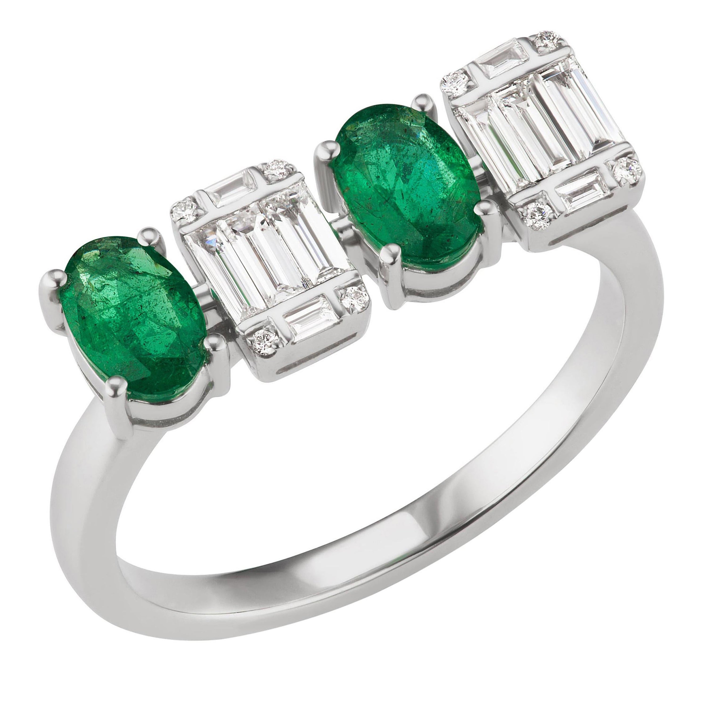 18 Karat White Gold Ring with Pear Cut Diamond and Emerald and Baguette ...
