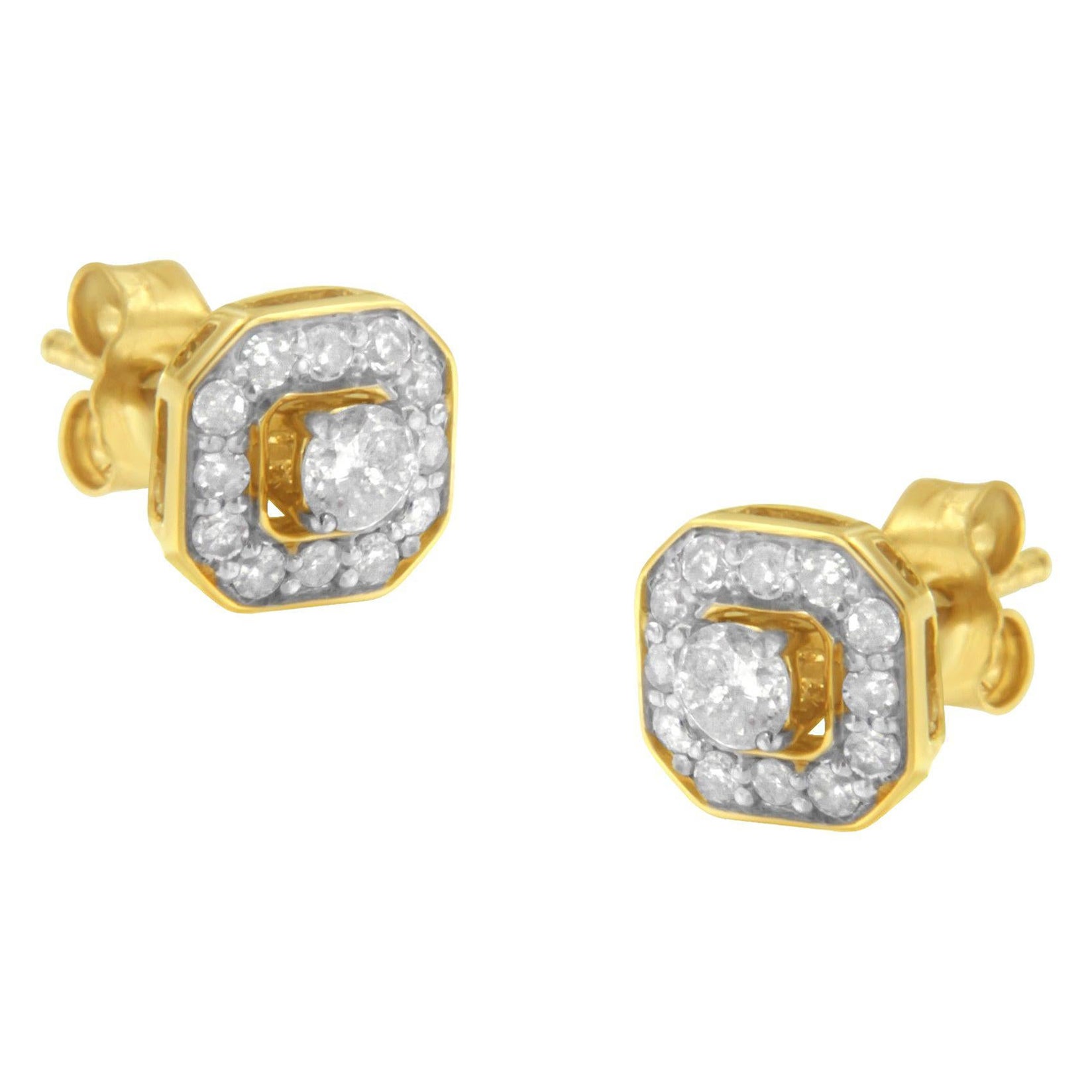 Yellow Gold Plated .925 Sterling Silver 1/2 Carat Diamond Square Stud Earrings