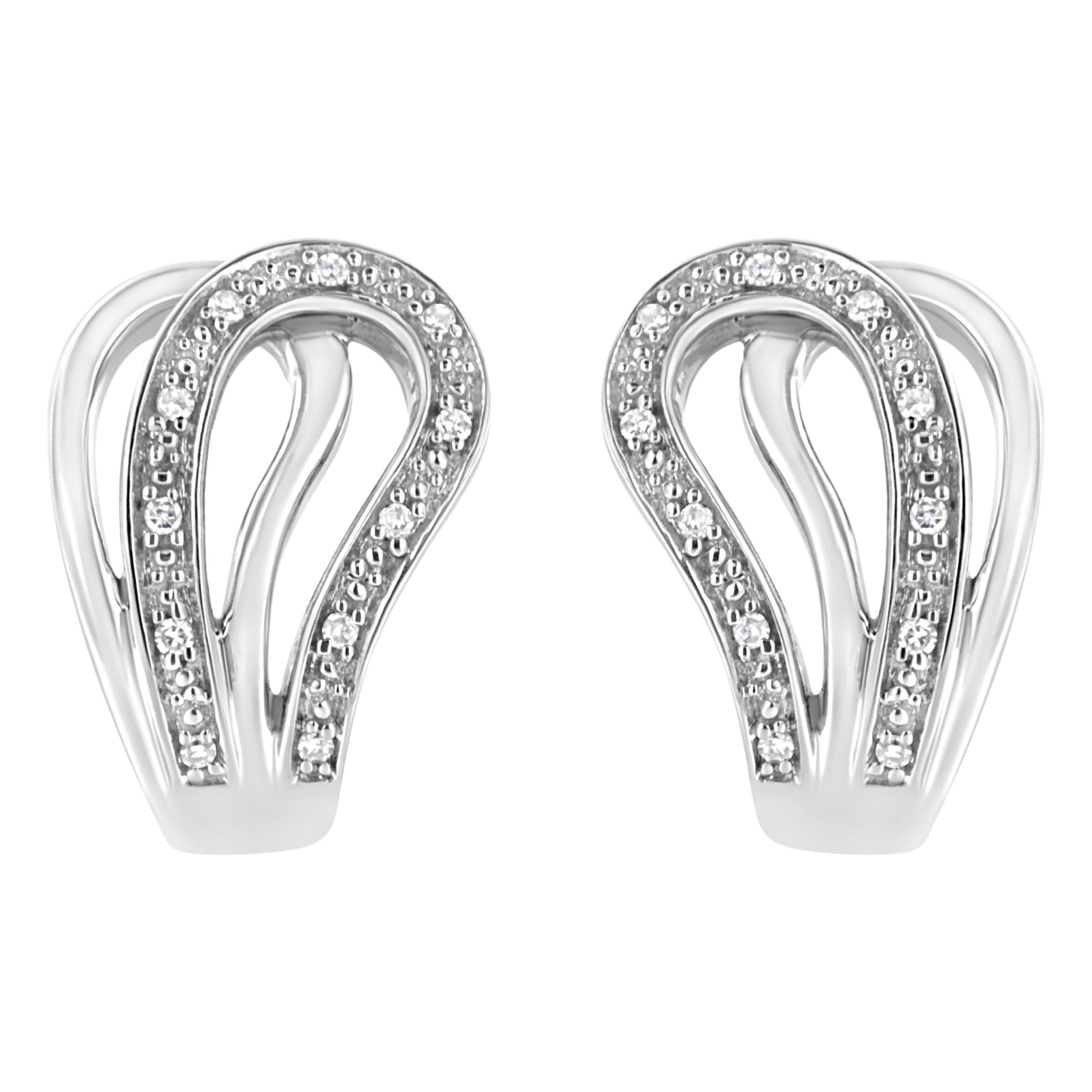 .925 Sterling Silver Pave-Set Diamond Accent Horseshoe Hoop Earring For Sale