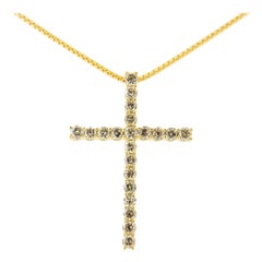 Yellow Gold Plated Sterling Silver 1.0 Carat Diamond Gold Cross Pendant Necklace