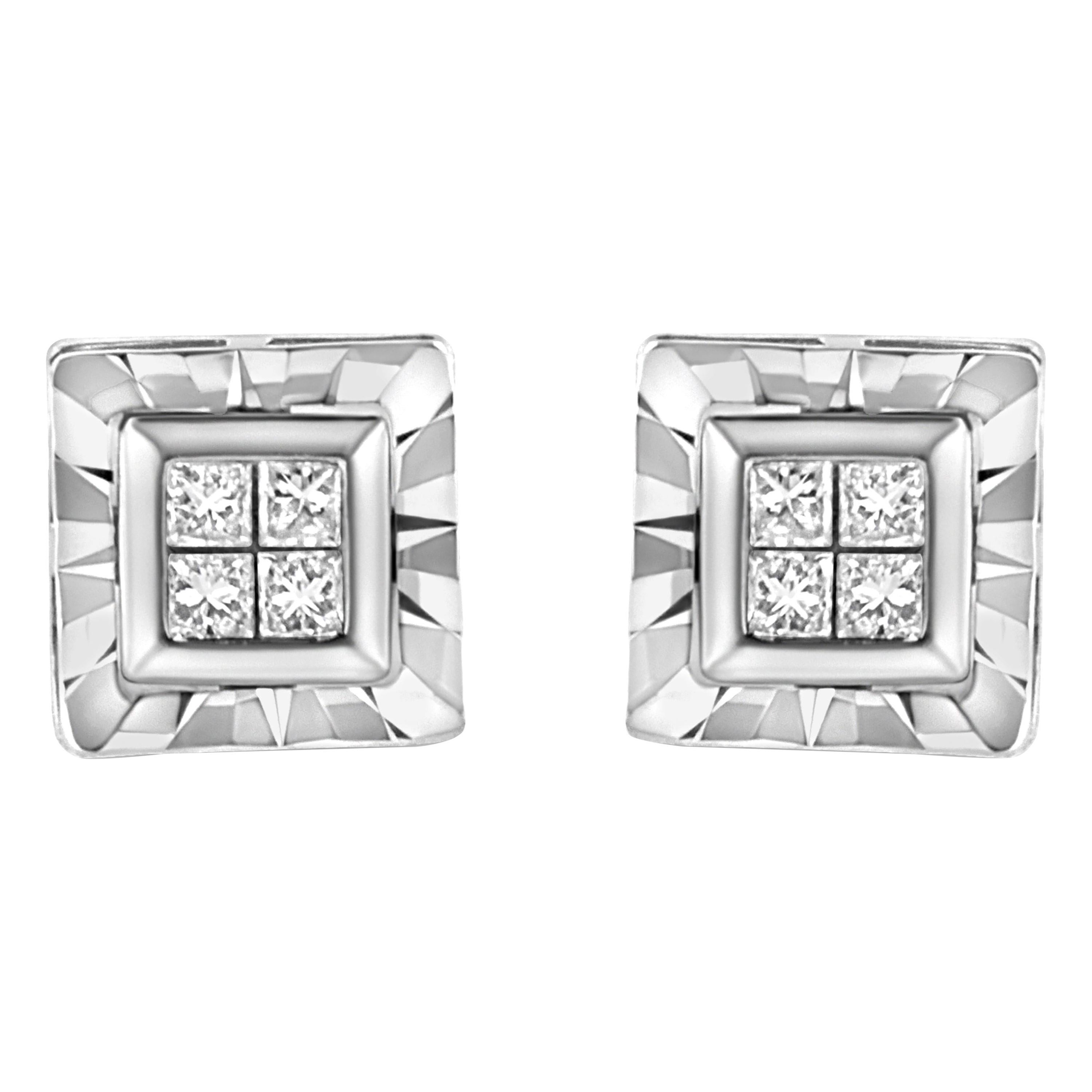 Black Natural Diamond Square Studs Earrings in14K White Gold Over Sterling Silver 0.15 Cttw