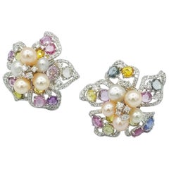 Non-Identical Multicolour Sapphire Pearl Diamond Floral 18K White Gold Earrings