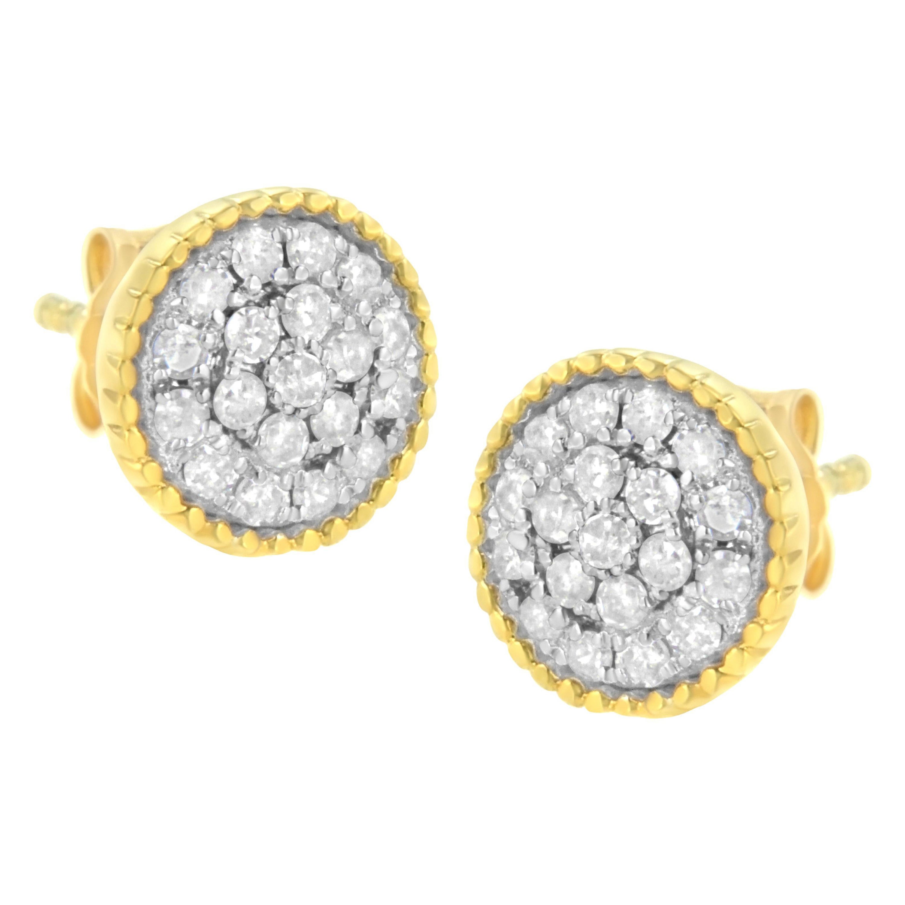Yellow Gold Plated Sterling Silver 1/2 Carat Diamond Milgrained Stud Earring For Sale