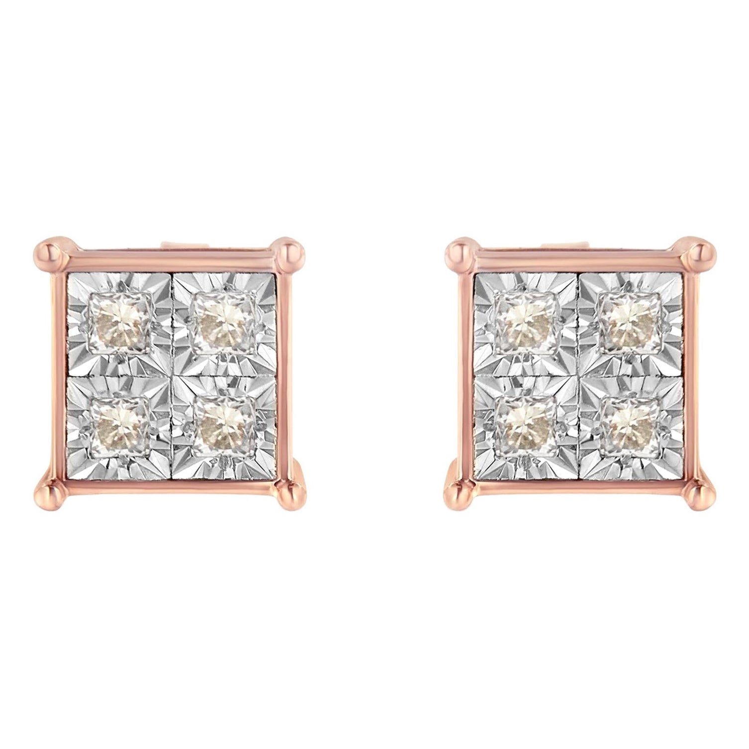 Rose Gold Plated Sterling Silver Princess 0.5 Carat Diamond Quad Stud Earrings