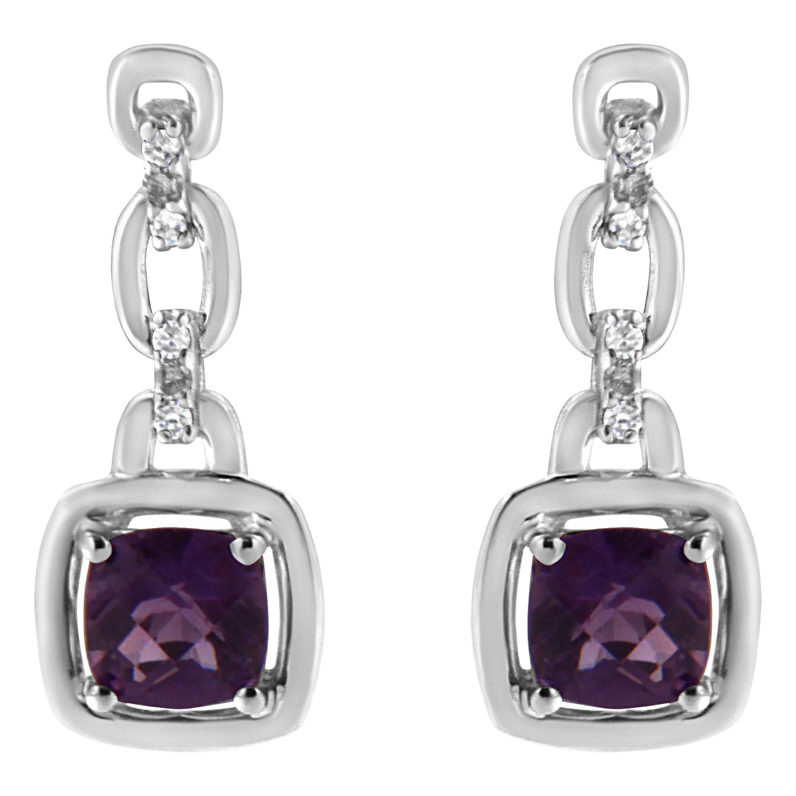 -925 Sterling Silver Natural Purple Amethyst and Diamond Drop & Dangle Earrings