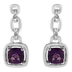 -925 Sterling Silver Natural Purple Amethyst and Diamond Drop & Dangle Earrings