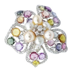 Amazing Multicolour Sapphire Pearl Diamond Floral Cocktail 18K White Gold Ring