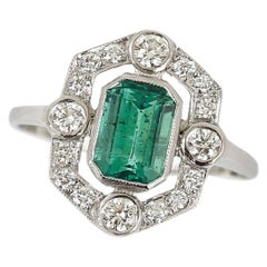 Art Deco Style Platinum 1ct Emerald and Diamond Ring