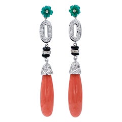 Coral, Green Agate, Onyx, Diamonds, Platinum Dangle Earrings
