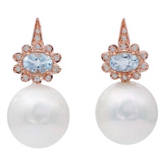 White Pearls, Aquamarine, Diamonds, 14 Karat Rose Gold Retrò Earrings
