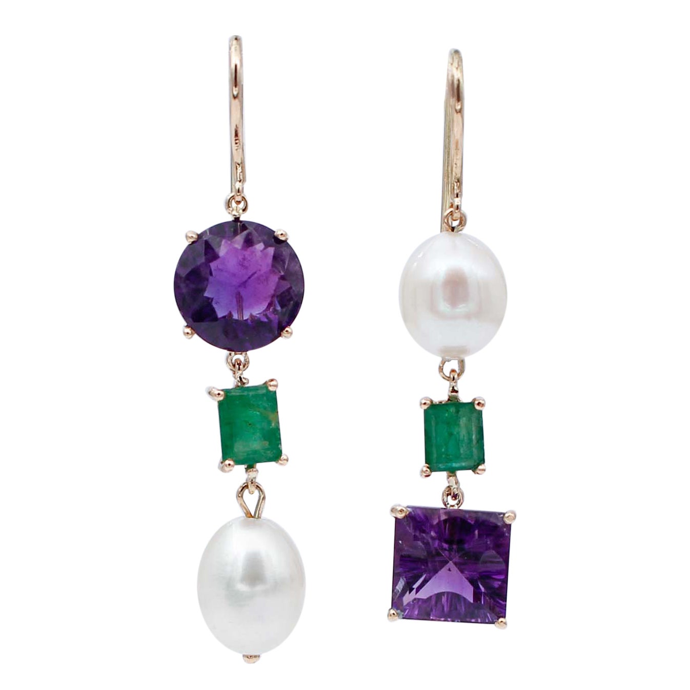 Emeralds, Amethysts, Pearls, 14 Karat Rose Gold Dangle Earrings For Sale