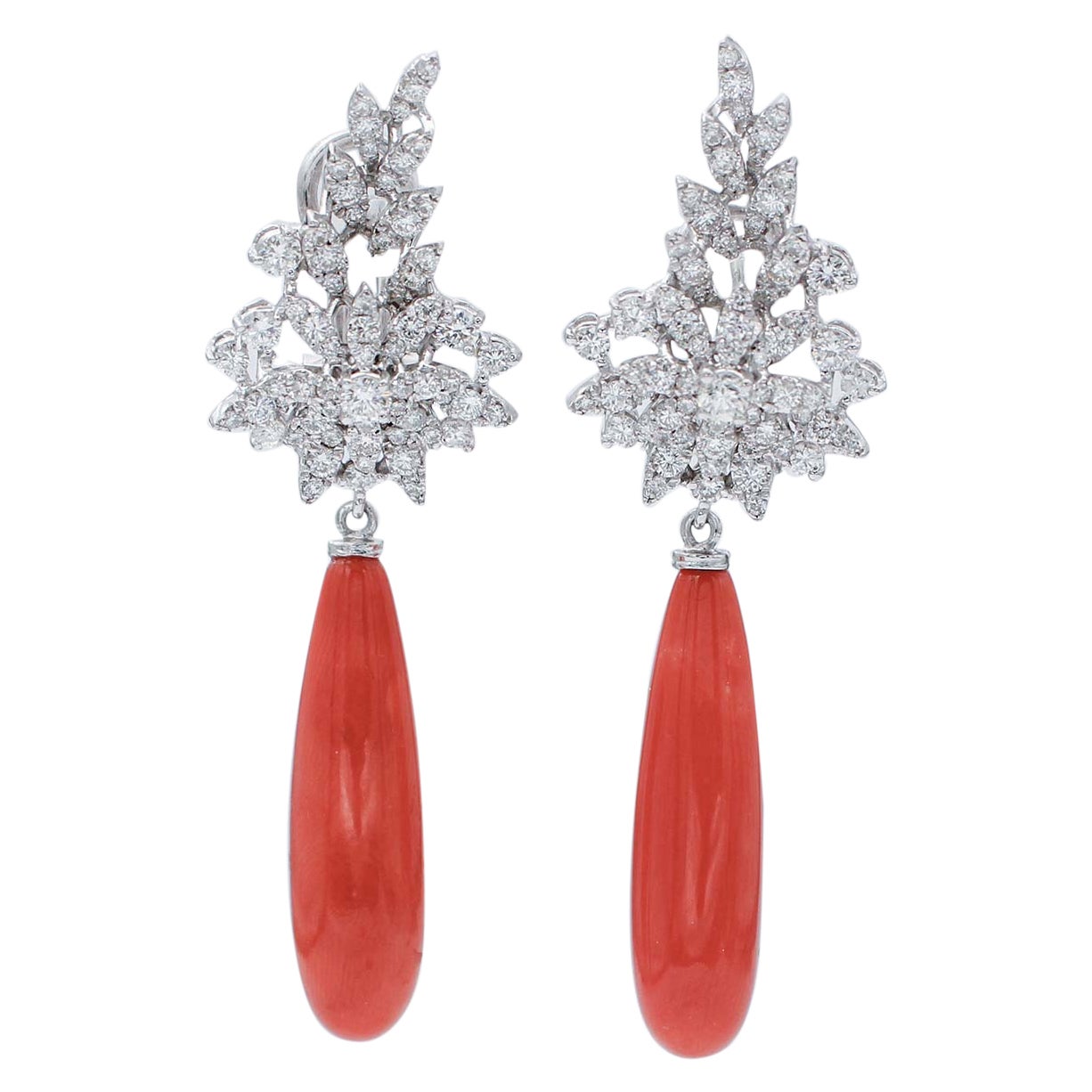 Drop Coral, Diamonds .18 Karat White Gold Dangle Earrings