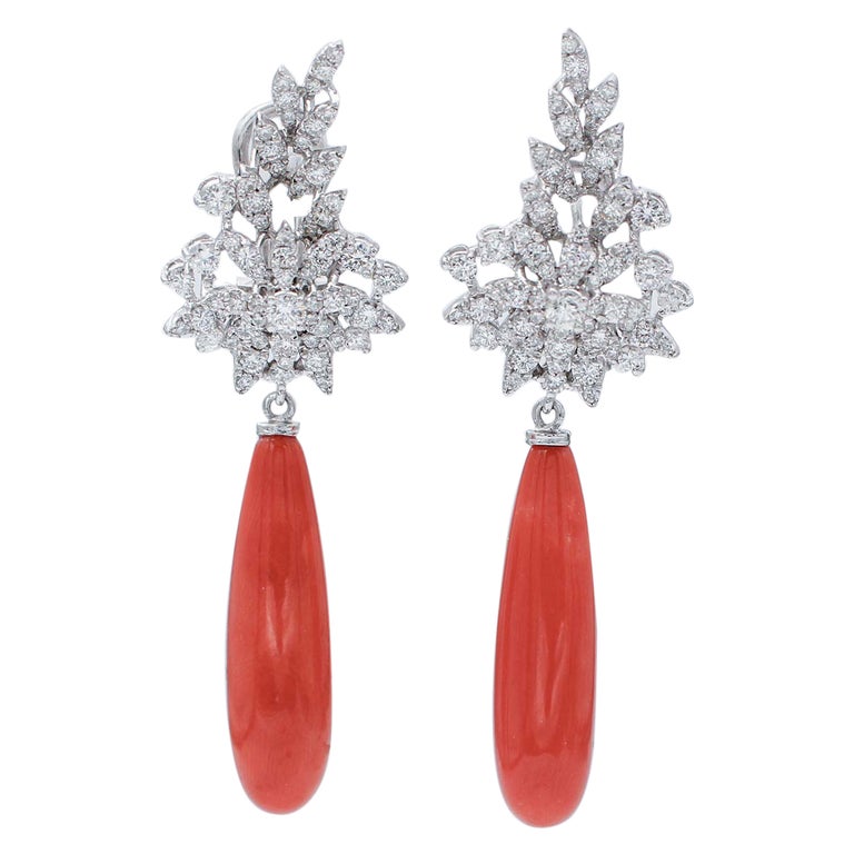 Drop Coral, Diamonds .18 Karat White Gold Dangle Earrings For Sale