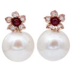 White Pearls, Rubies, Diamonds, Rose Gold Earrings at 1stDibs